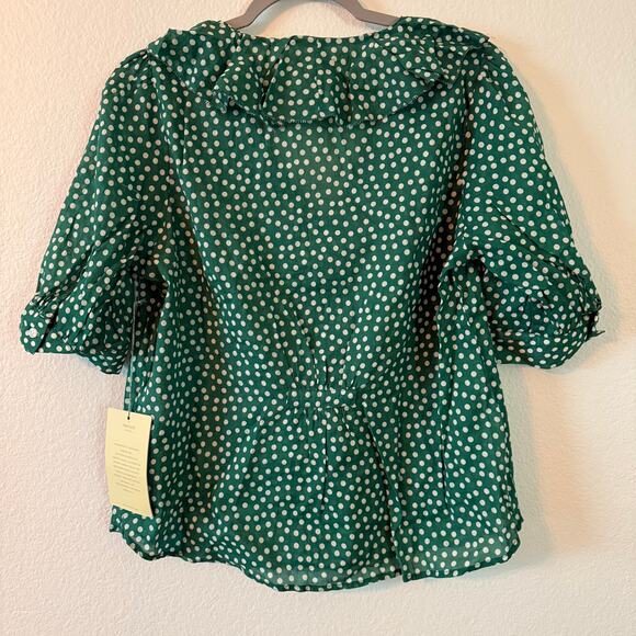 Trovata Green Polka Dot Shirt Blouse Ruffled Short Sleeve Size M Anthro Cottage - Picture 8 of 9